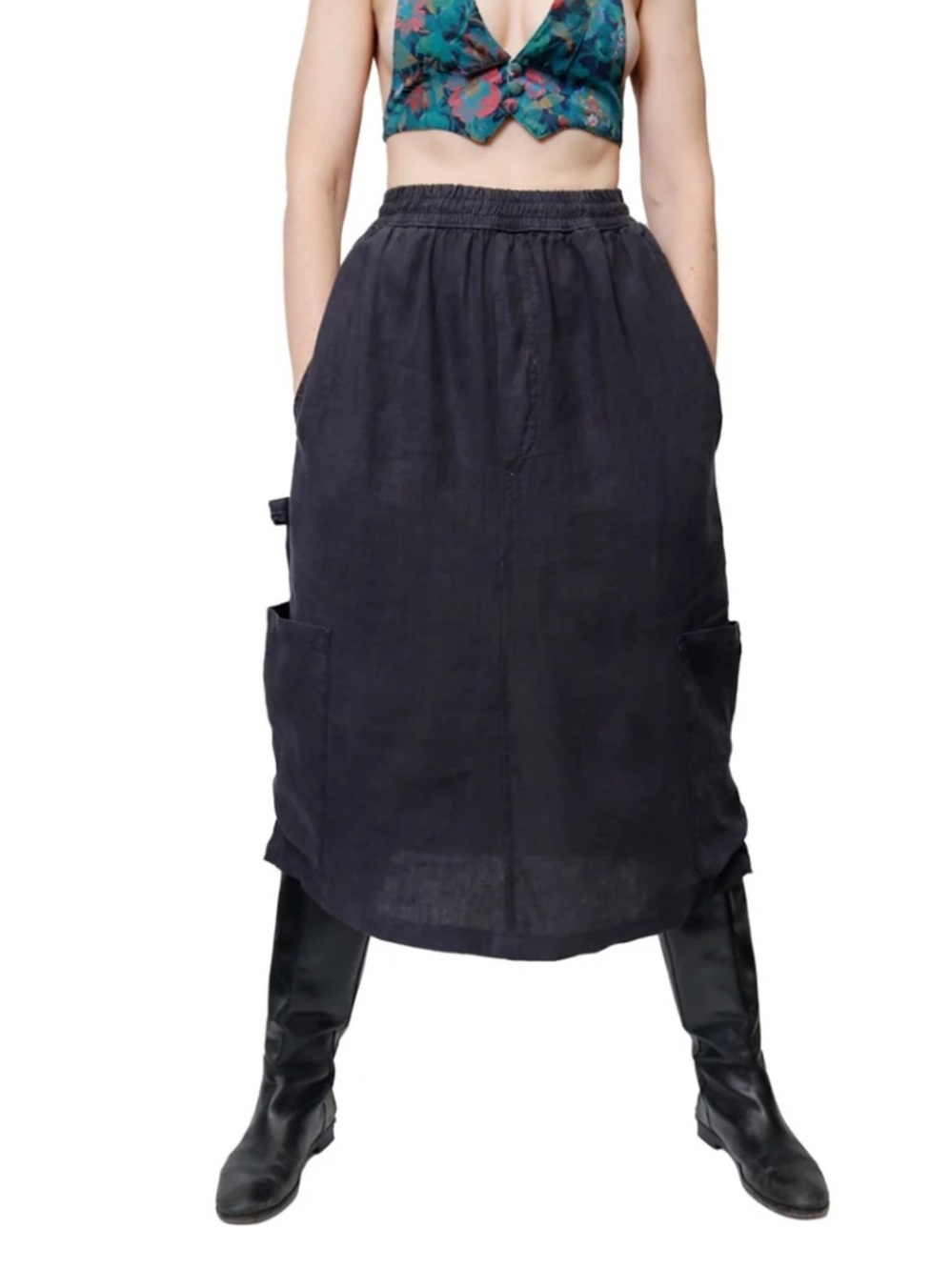 Meals Oops FDA Black Sesame Linen Work Skirt  Re-Cut Chef Midi USA-Large